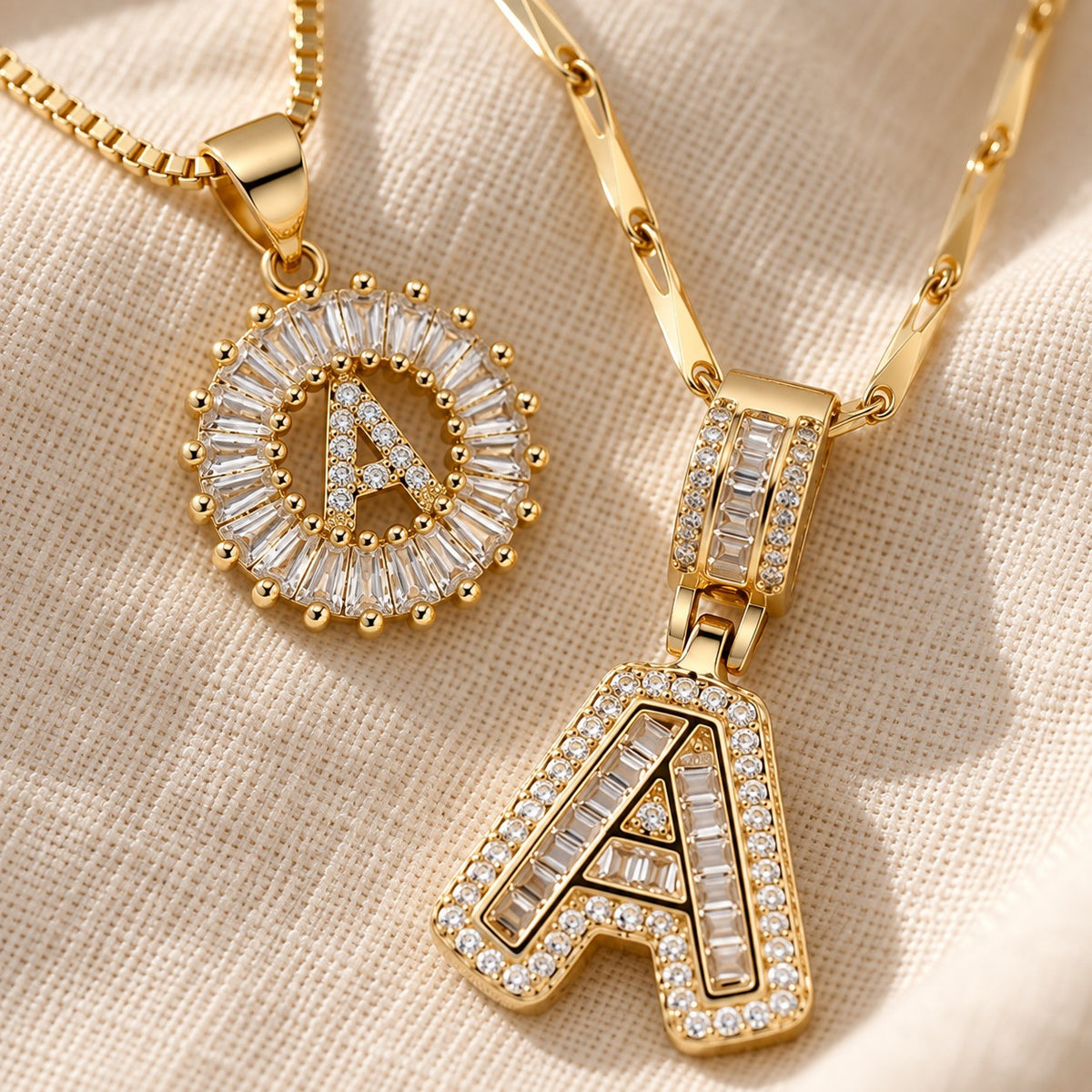 Close-up detail of the 2pc 14k Diamond Letter Initial Necklaces