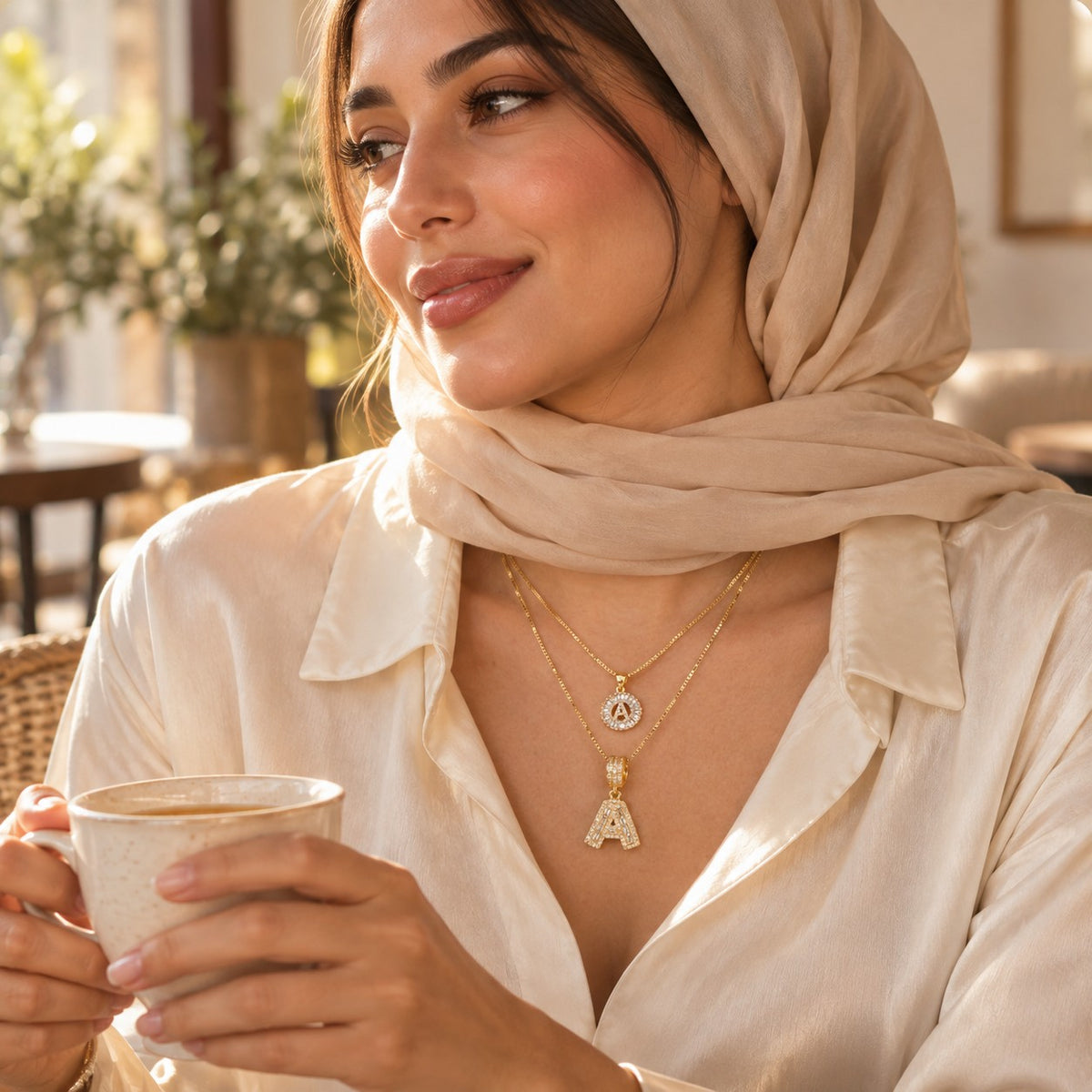 The 2pc 14k Diamond Letter Initial Necklaces worn in everyday life