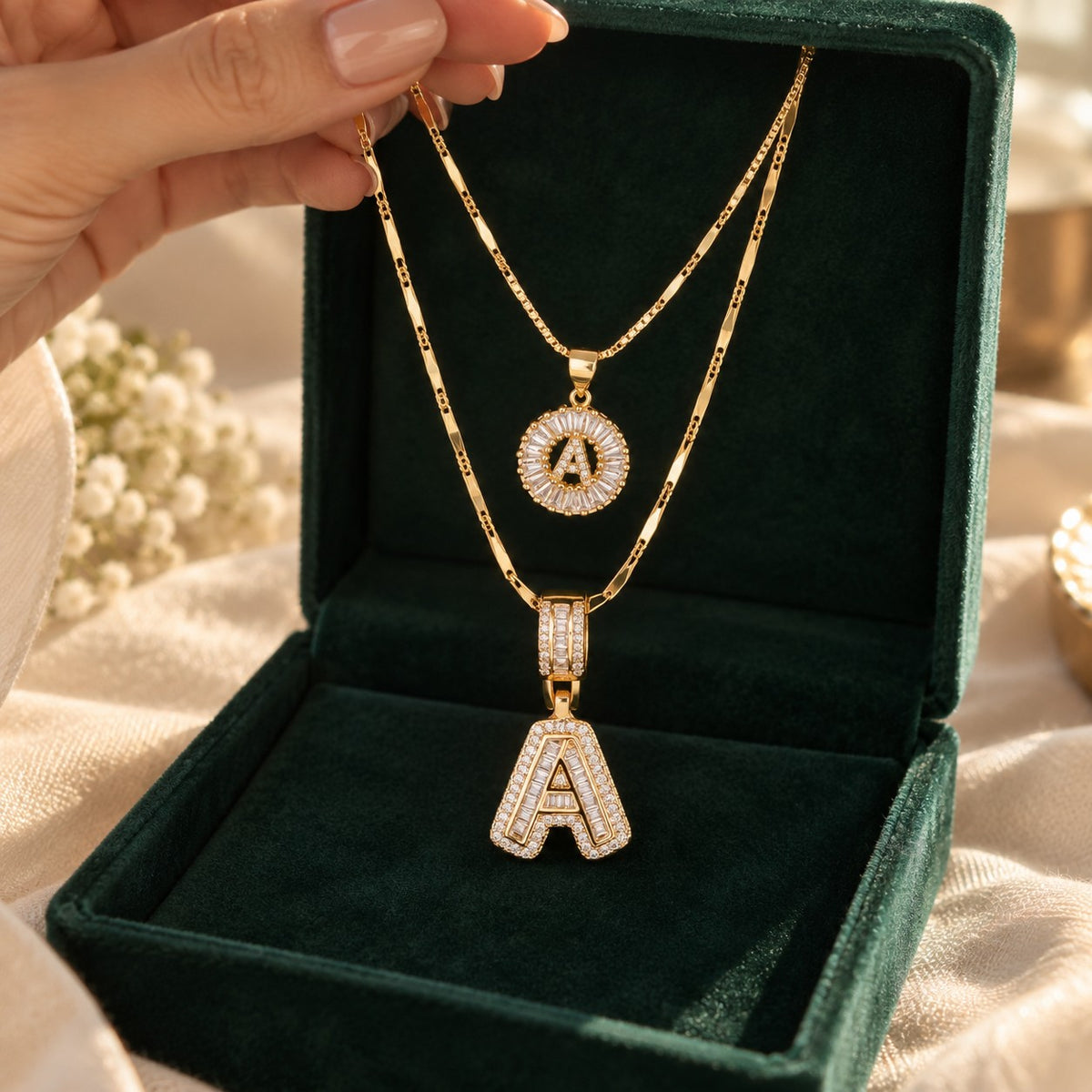 2pc 14k Diamond Letter Initial Necklaces presented in an emerald velvet gift box
