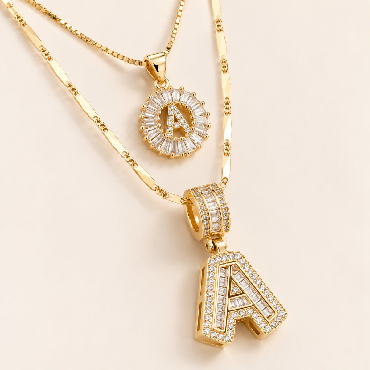 Side profile of the 2pc 14k Diamond Letter Initial Necklaces