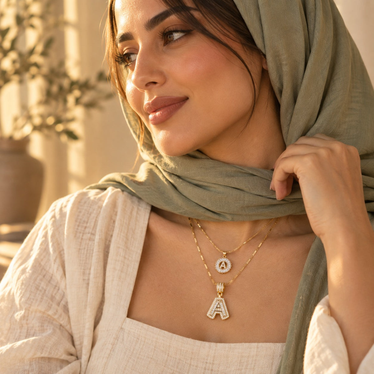 Editorial photo of the 2pc 14k Diamond Letter Initial Necklaces being worn