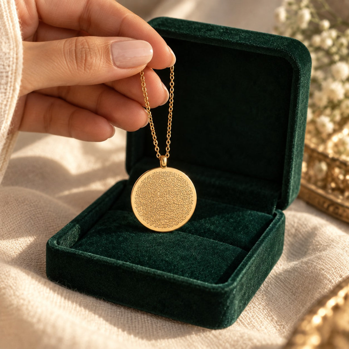 Ayatul Kursi Necklace | Women presented in an emerald velvet gift box