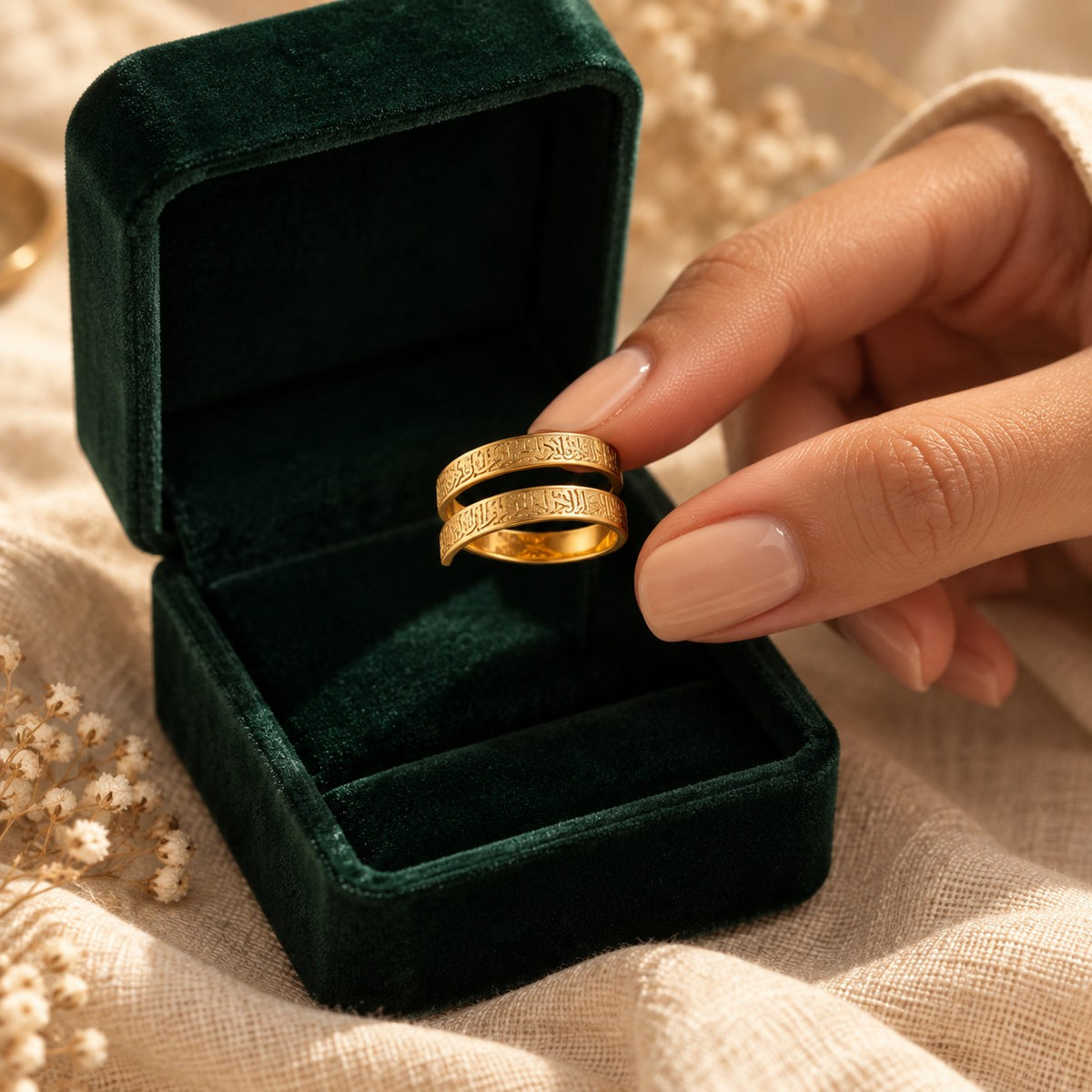 Ayatul Kursi Spiral Ring presented in an emerald velvet gift box