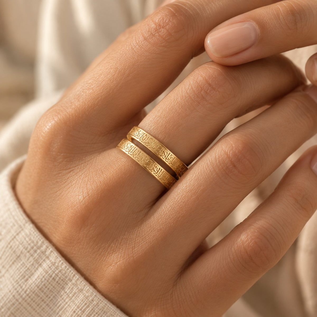 The Ayatul Kursi Spiral Ring worn, showing its true size