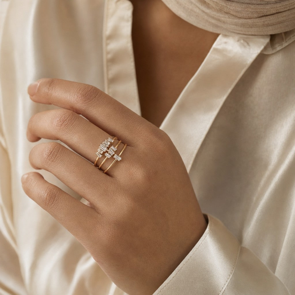 Woman wearing the Baguette Cluster Ring Set