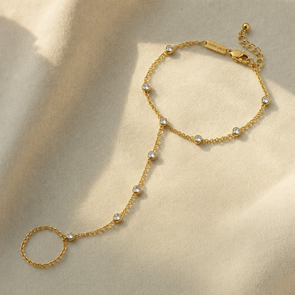 Crystal Hand Chain on cream linen