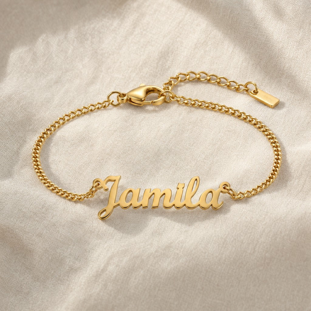English Custom Name Bracelet on cream linen