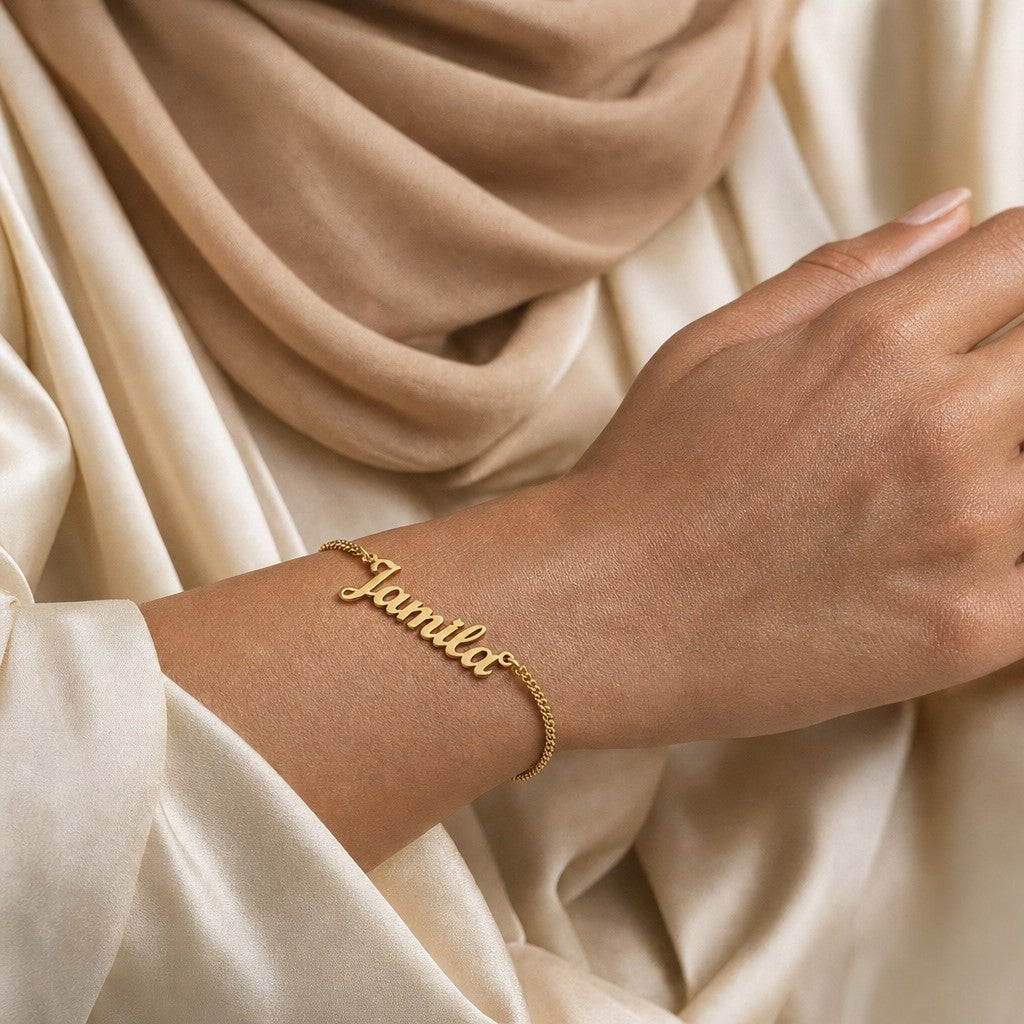 Woman wearing the English Custom Name Bracelet