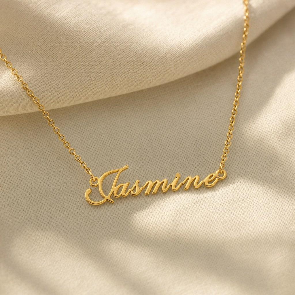 English Custom Name Necklace on cream linen