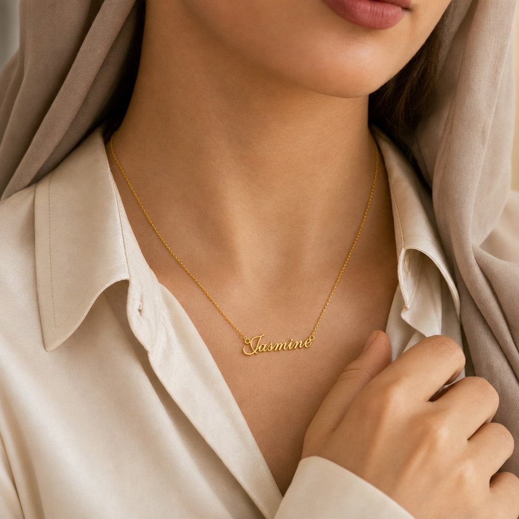 Woman wearing the English Custom Name Necklace