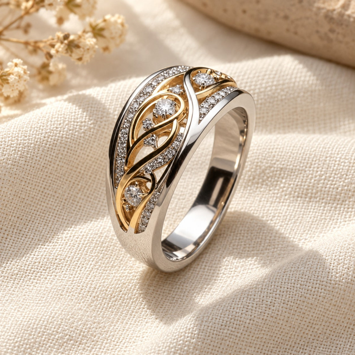 Divine Wave Gold & Silver on cream linen