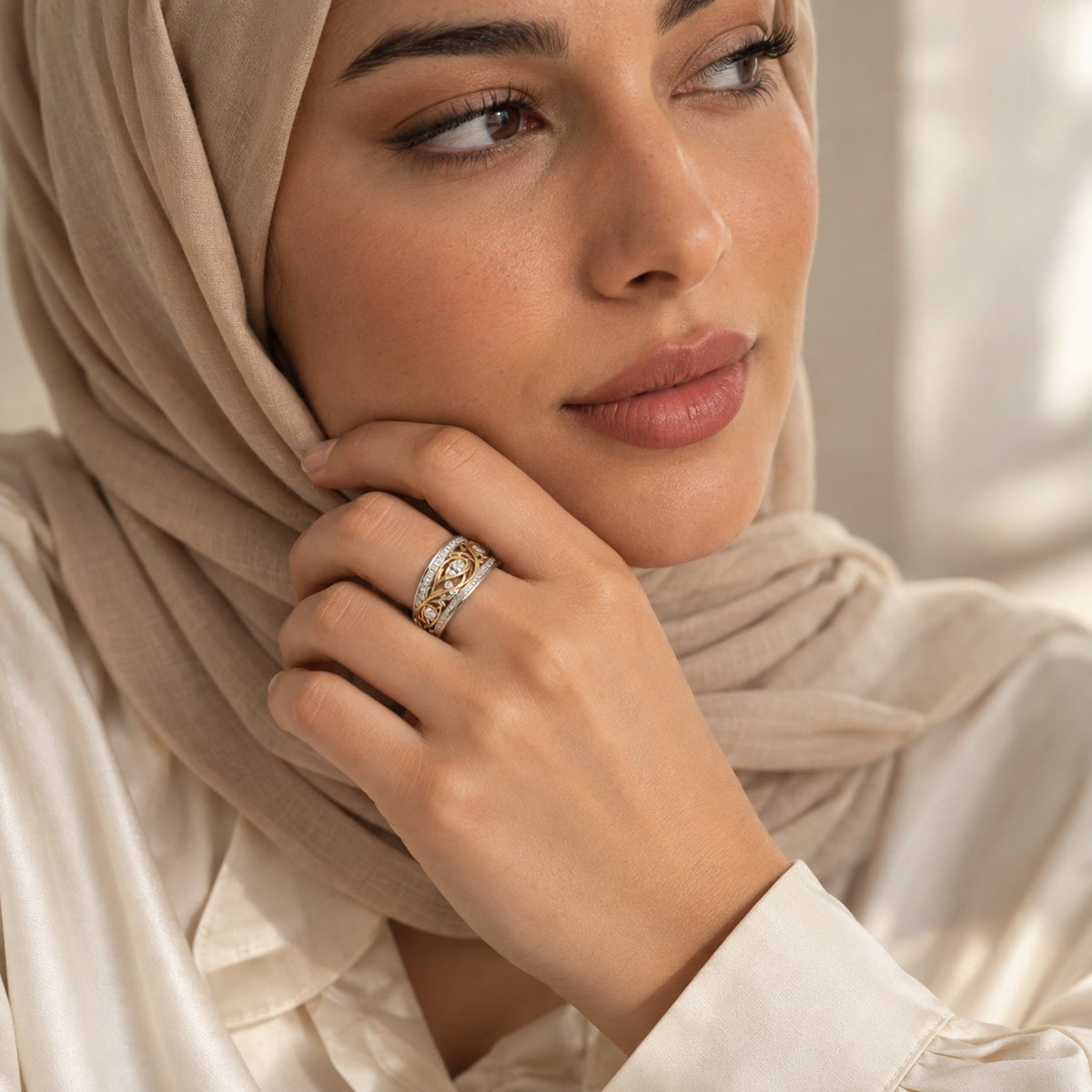 Woman wearing the Divine Wave Gold & Silver