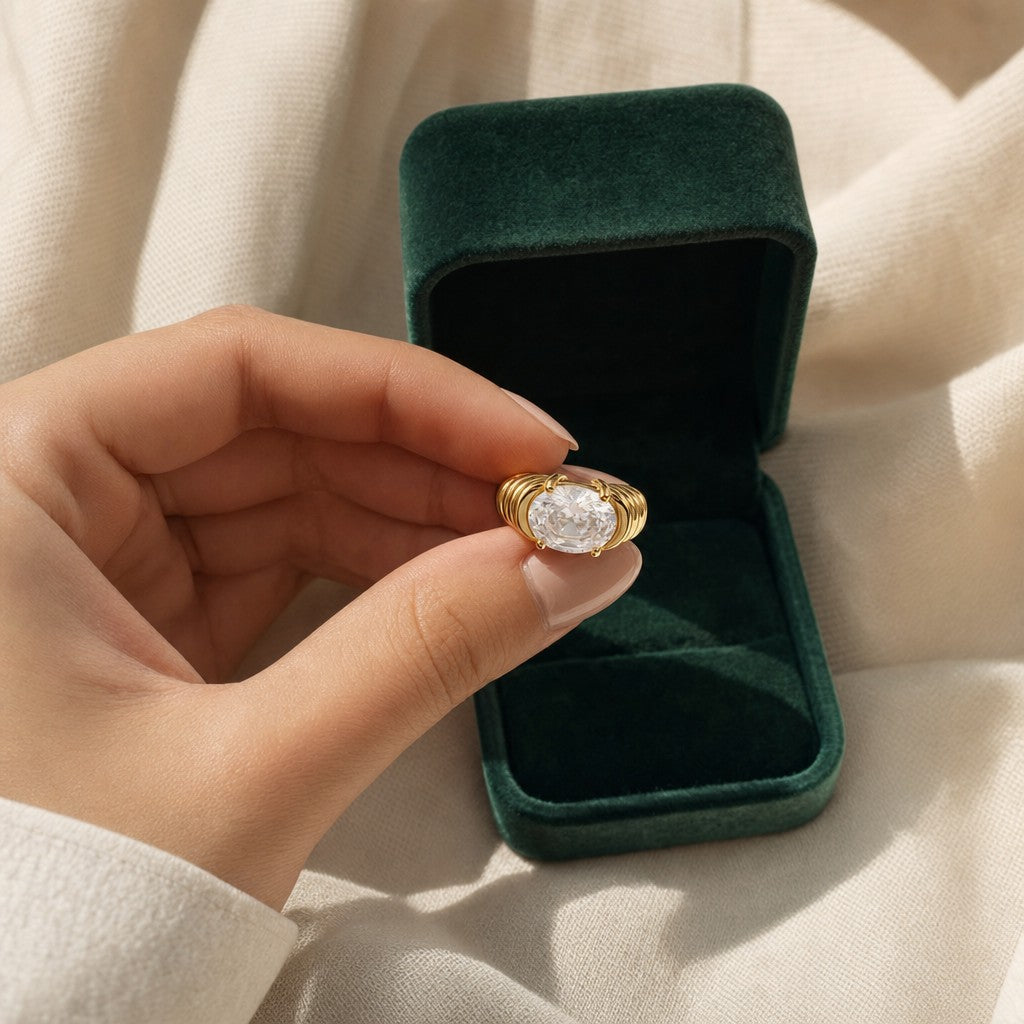 Lana Stone Ring presented in an emerald velvet gift box
