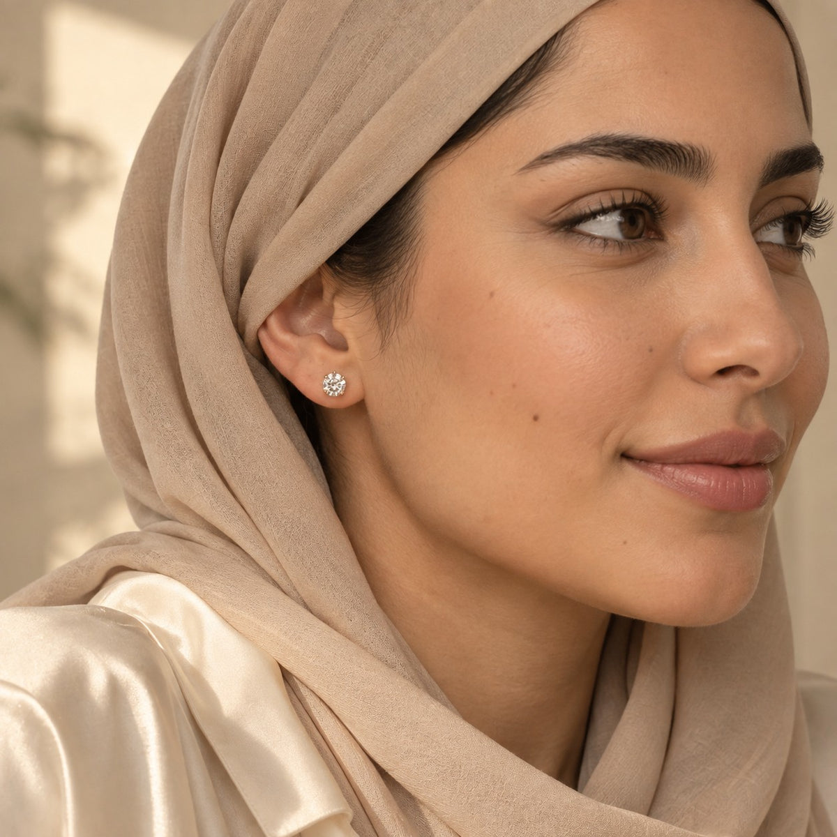 Woman wearing the Rania Moissanite Studs