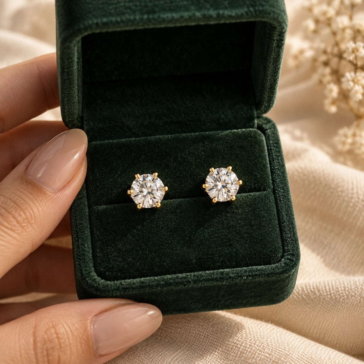 Rania Moissanite Studs presented in an emerald velvet gift box