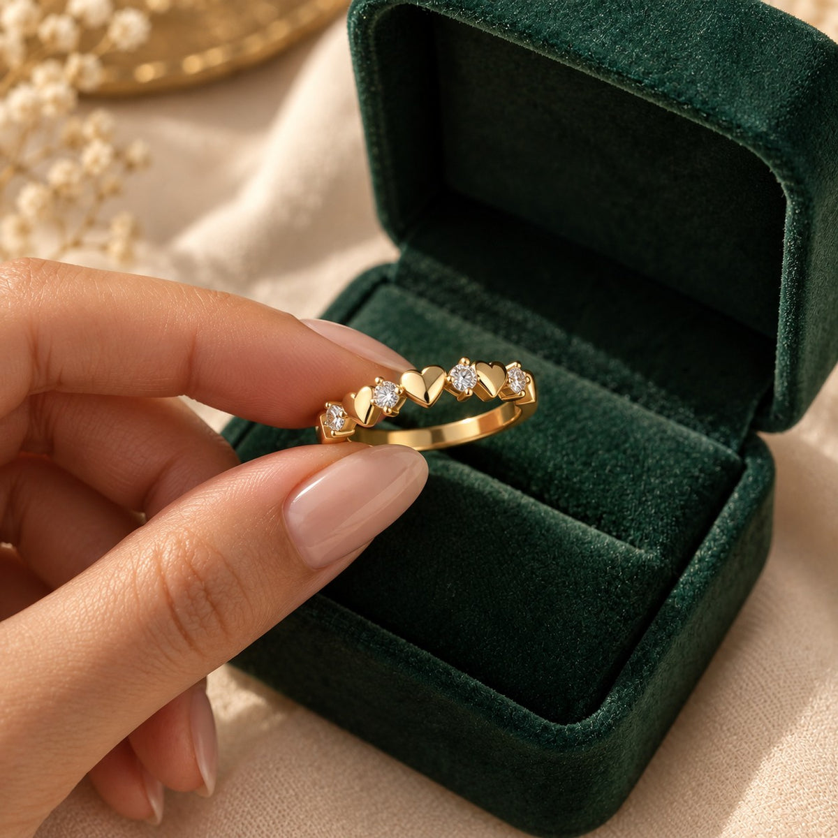 Ward Al Fuad Ring presented in an emerald velvet gift box