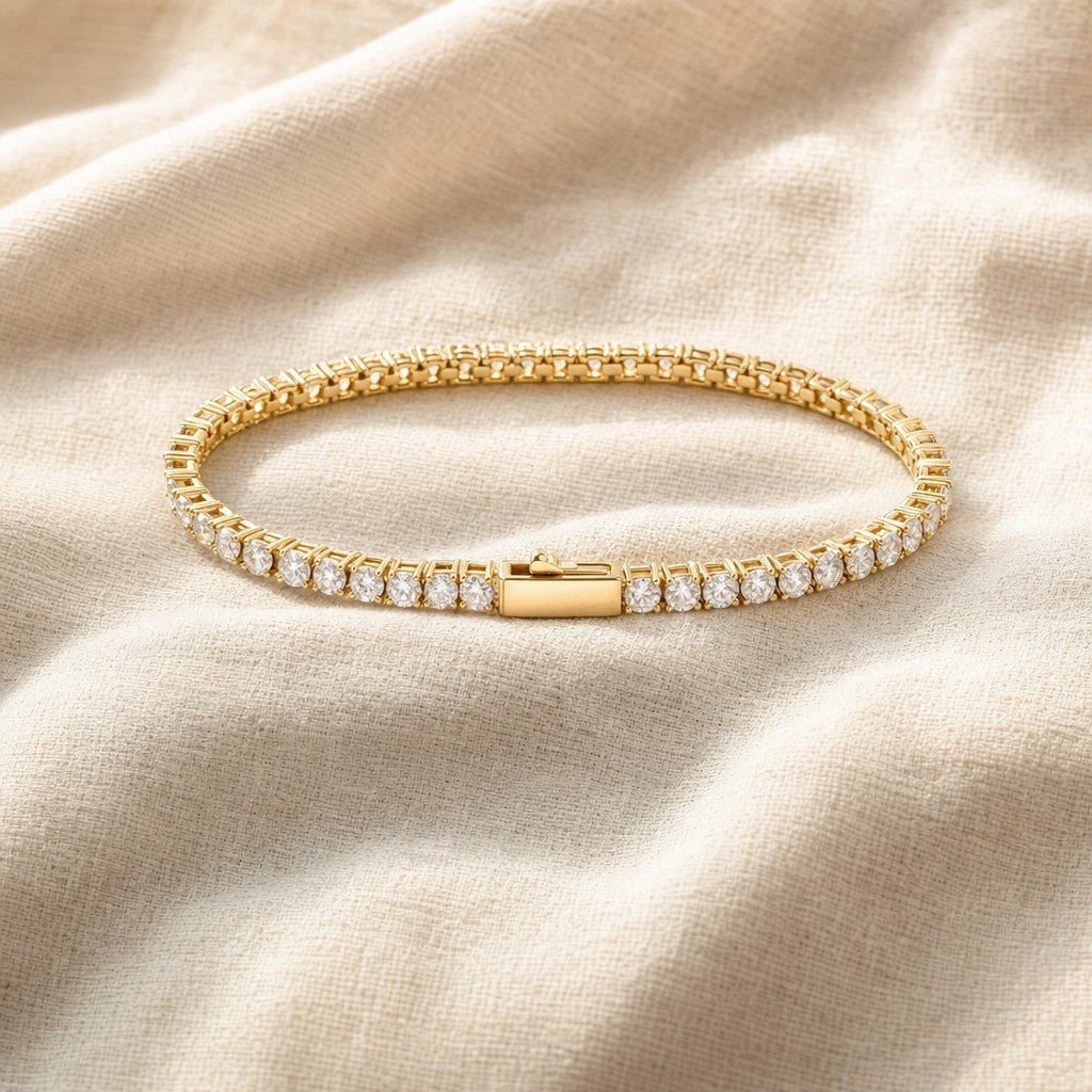 Moissanite Tennis Bracelet 3mm on cream linen
