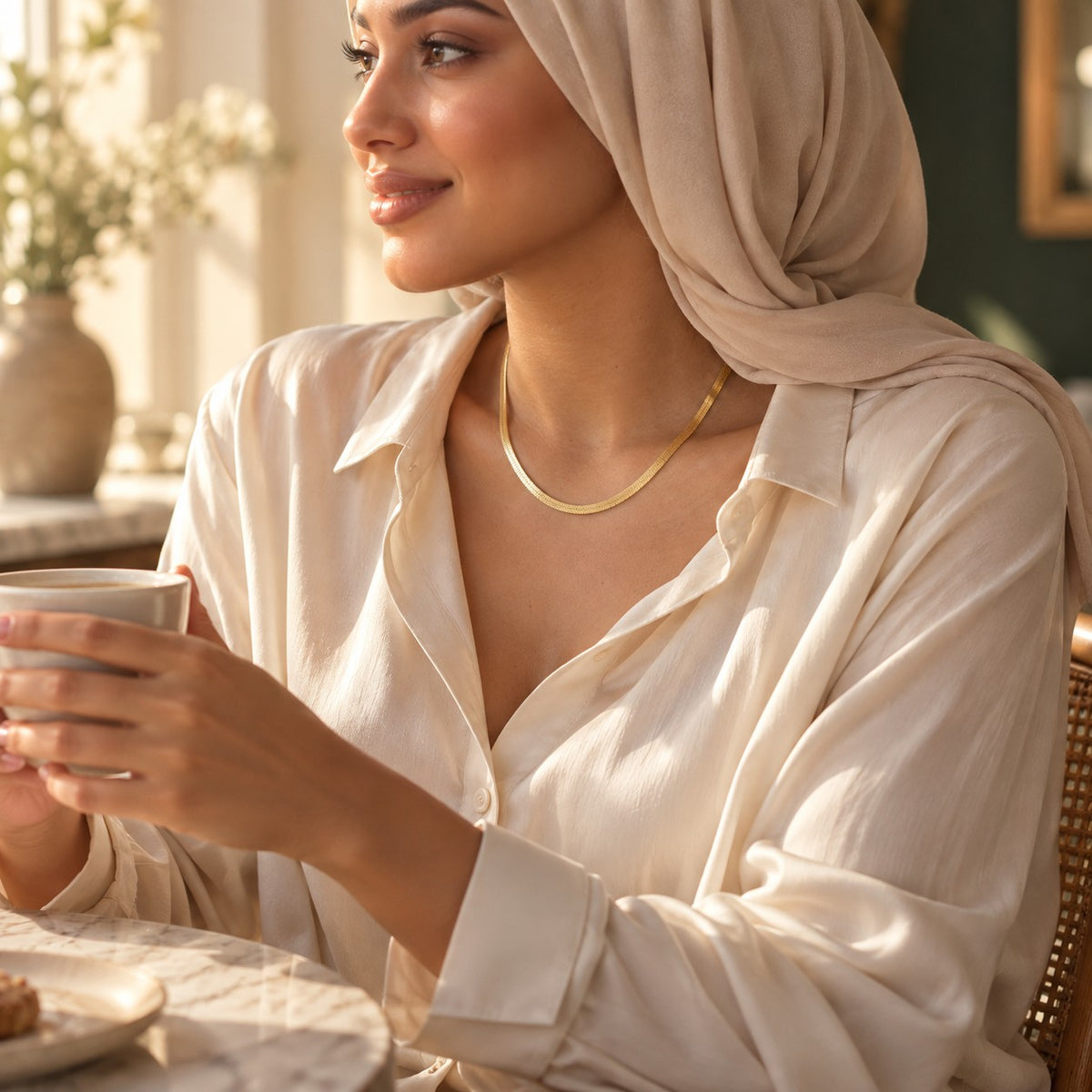 The Aura Herringbone worn in everyday life