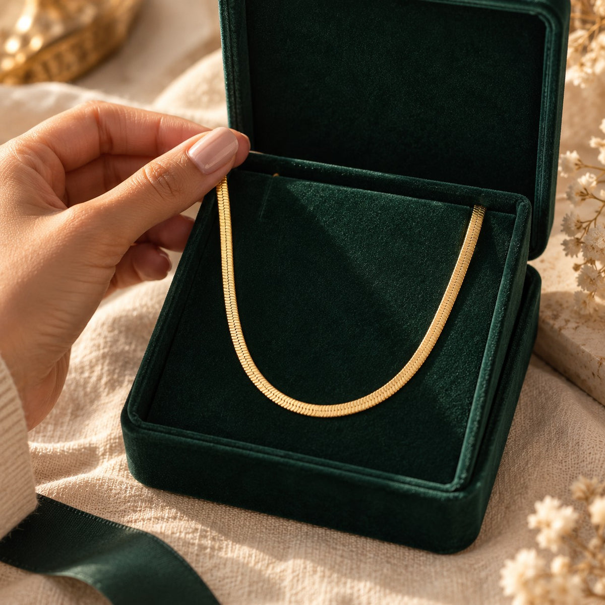 Aura Herringbone presented in an emerald velvet gift box
