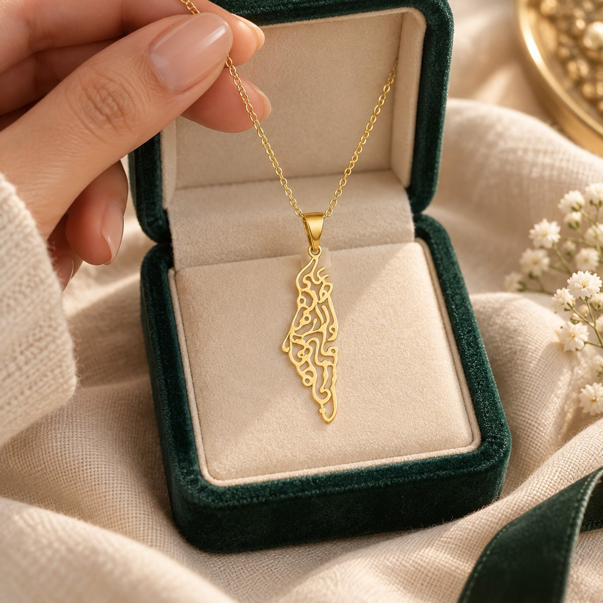 Palestine Calligraphy Map Necklace presented in an emerald velvet gift box