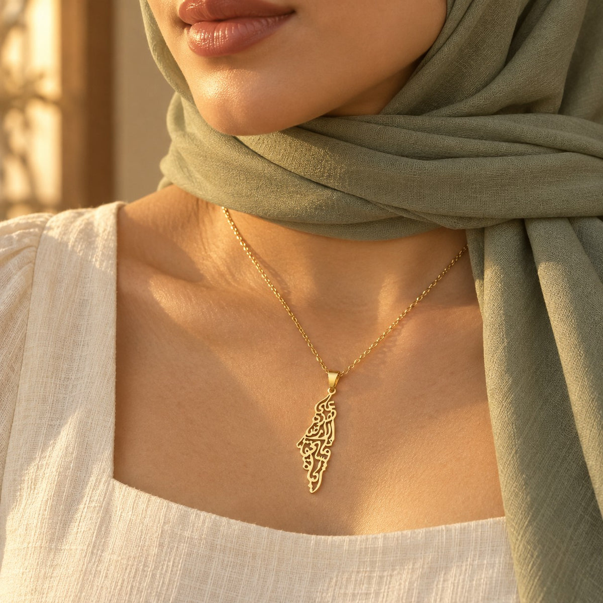 Editorial photo of the Palestine Calligraphy Map Necklace being worn