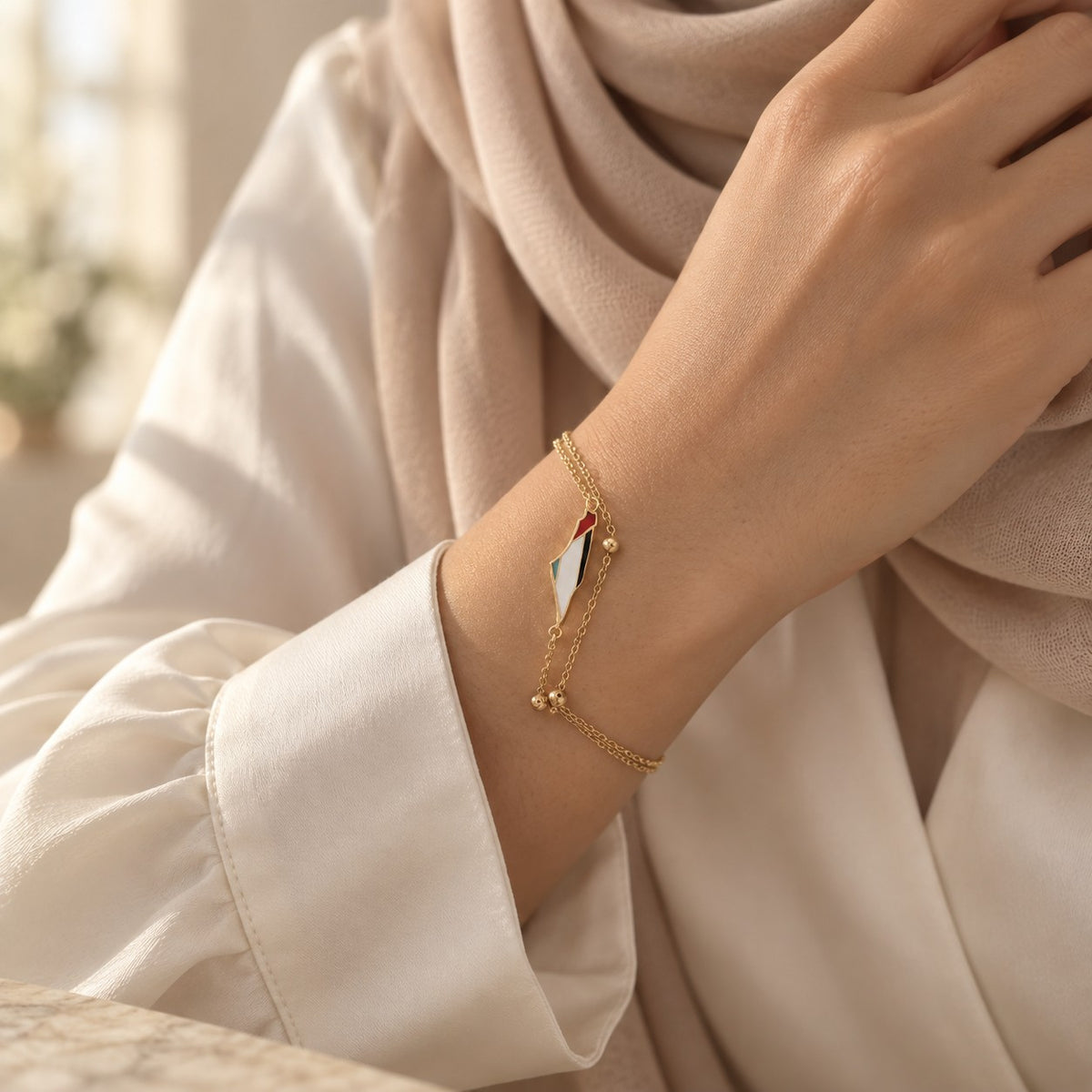 Woman wearing the Palestine Map Bracelet