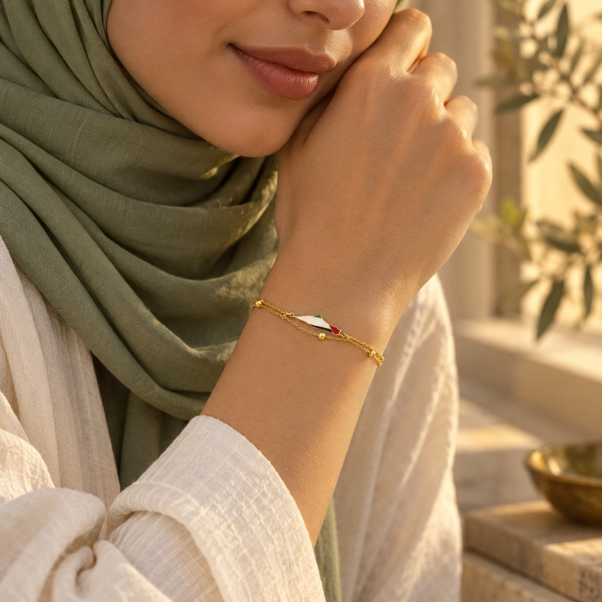 Editorial photo of the Palestine Map Bracelet being worn