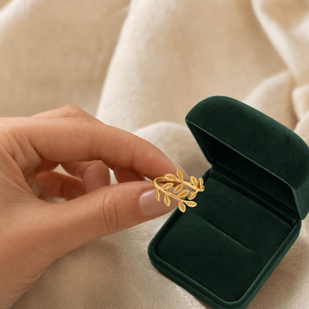 Palestine Olive Leaf Ring presented in an emerald velvet gift box