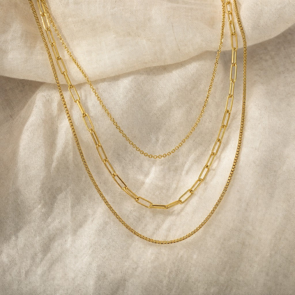 Trio Layered Chain on cream linen