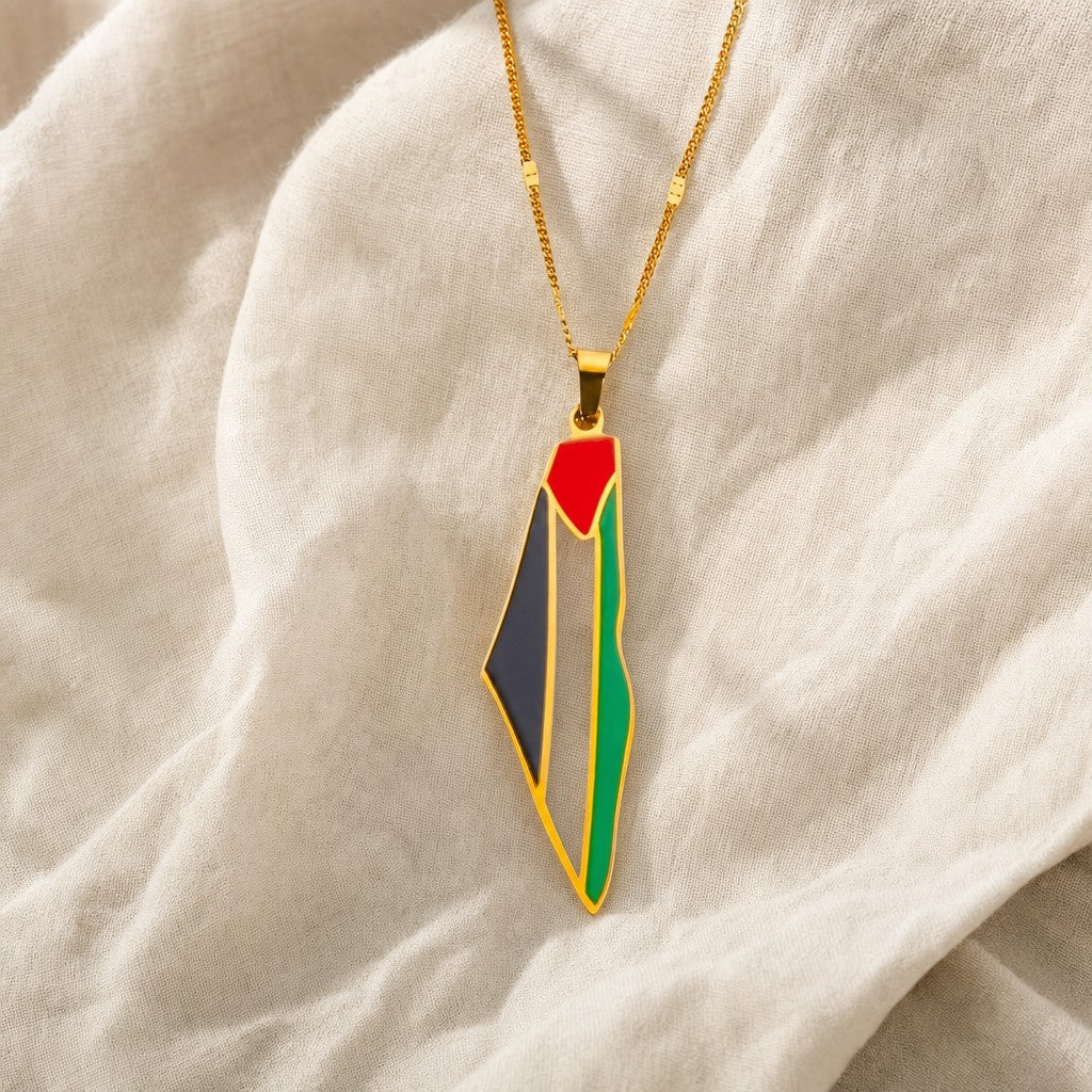Palestine Pride Map Necklace on cream linen