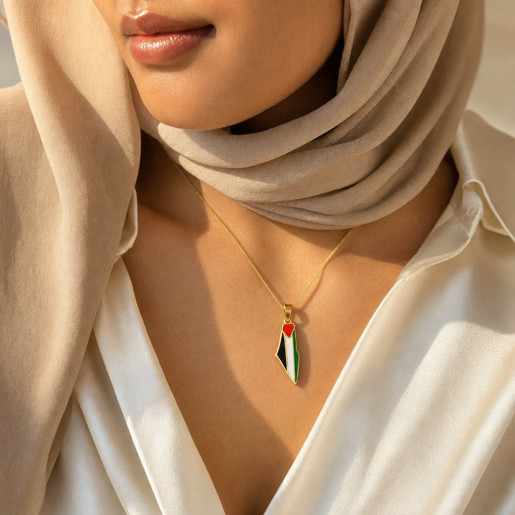 Woman wearing the Palestine Pride Map Necklace
