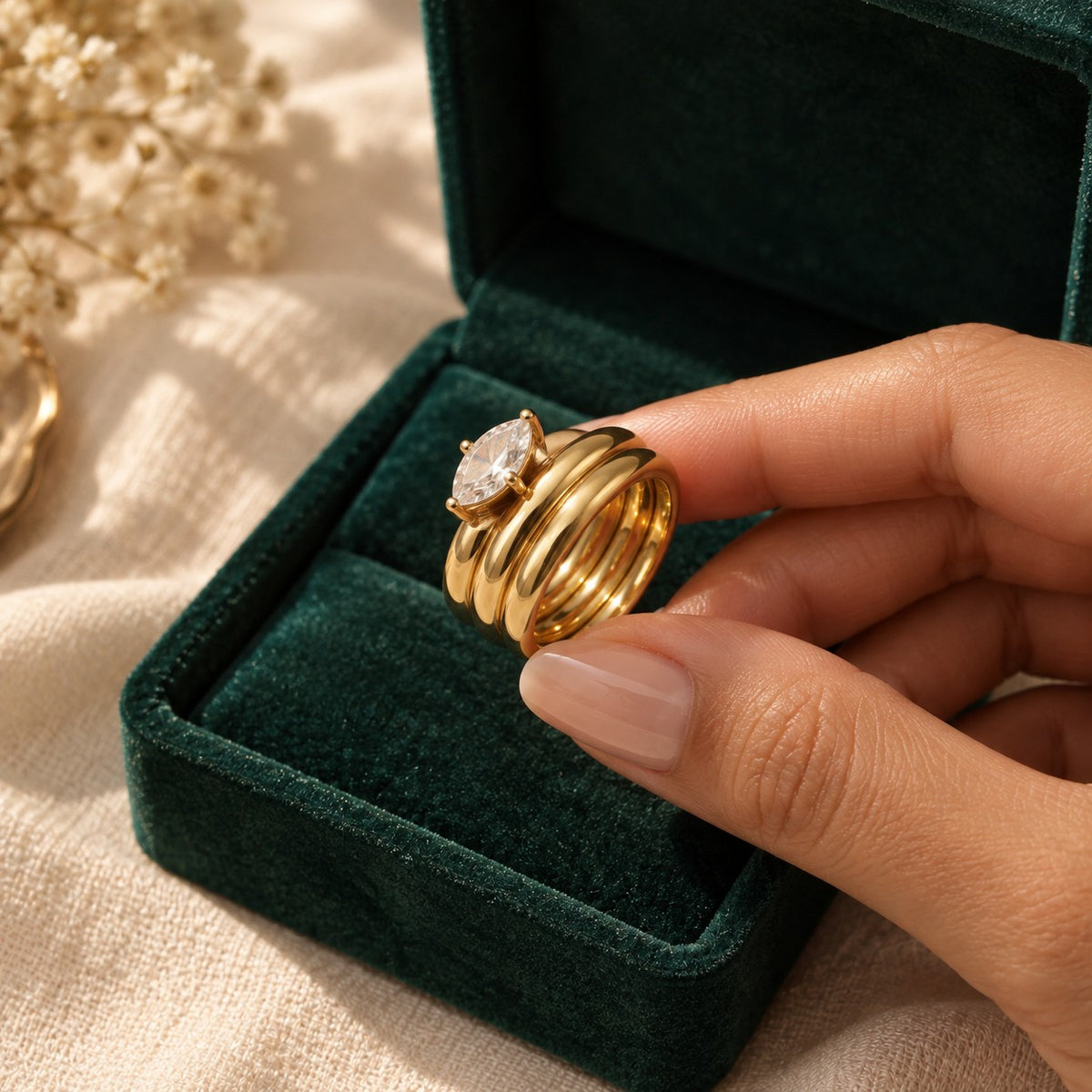 Rania Ring presented in an emerald velvet gift box