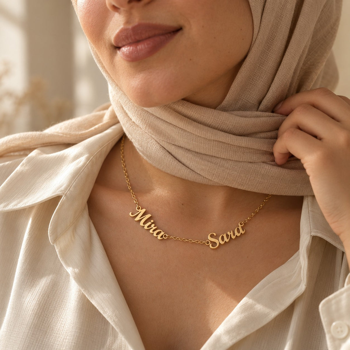 Woman wearing the Wasl English Multiple Names Necklace