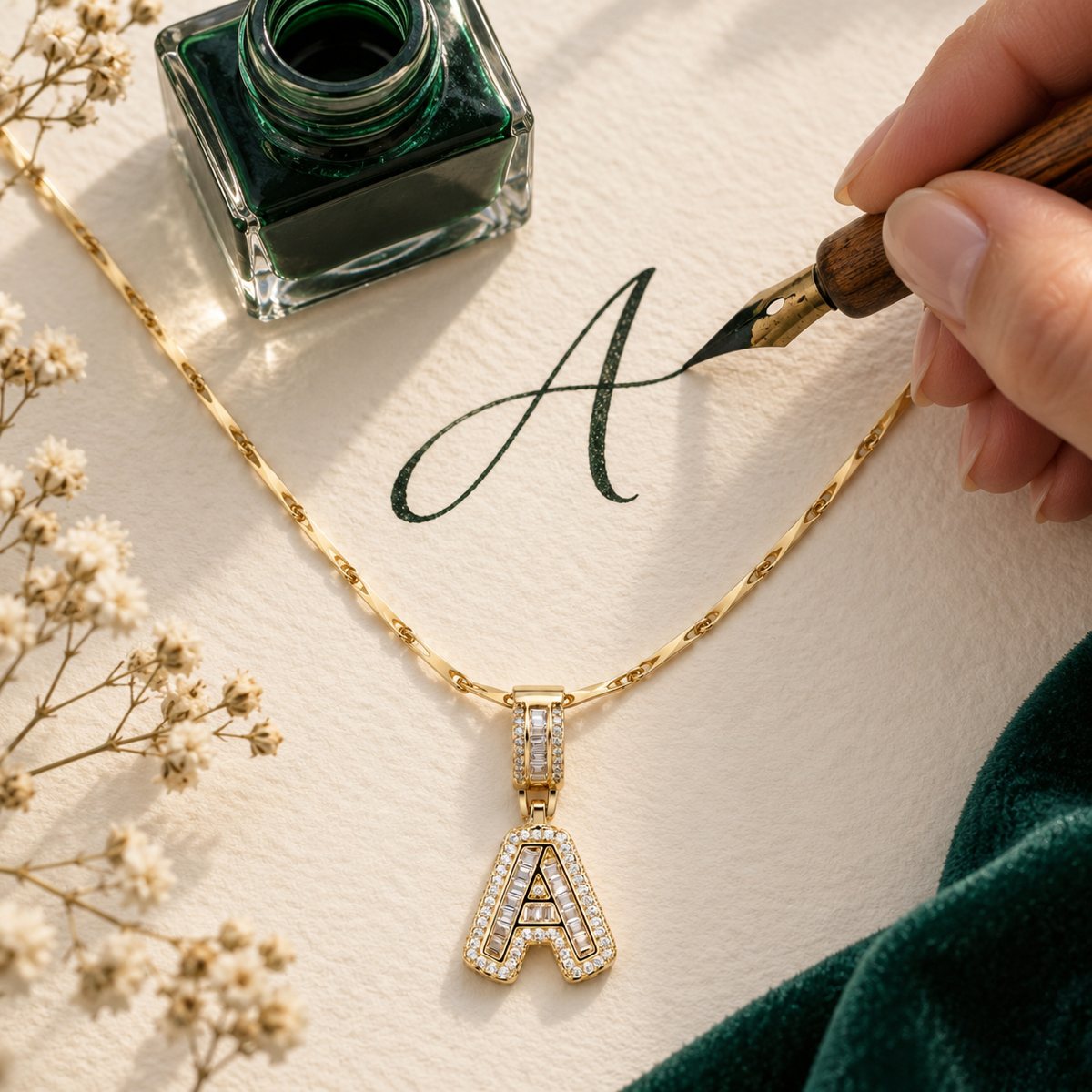 A hand writing an initial in ink above the matching gold initial necklace