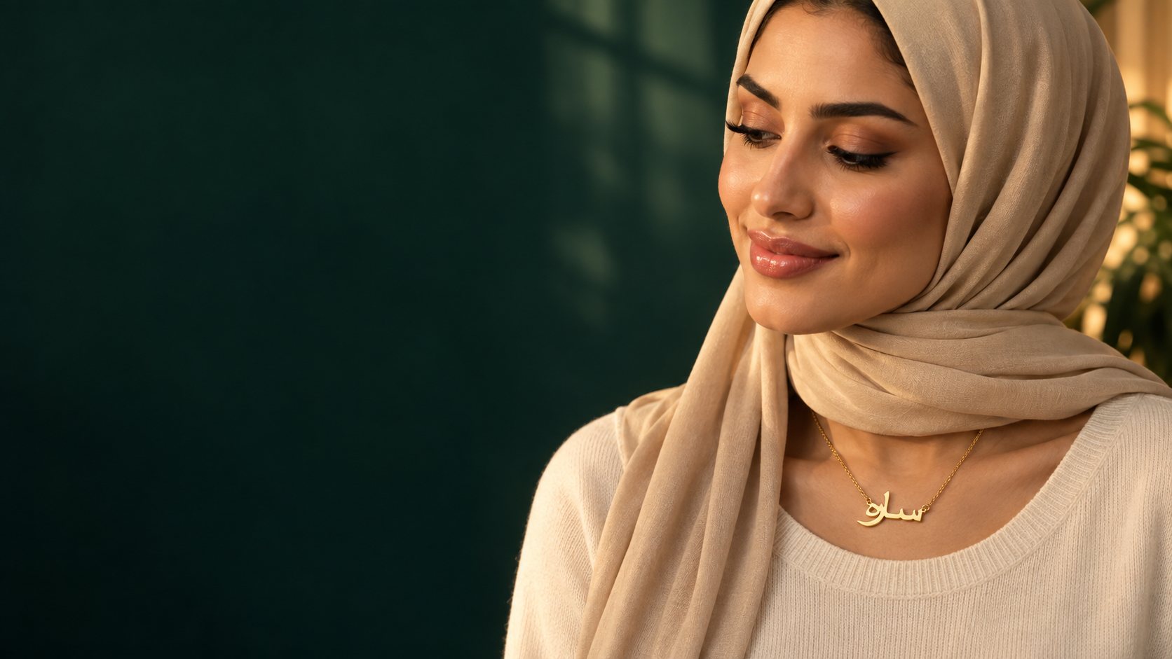 Woman wearing her Arabic name necklace in 18k gold