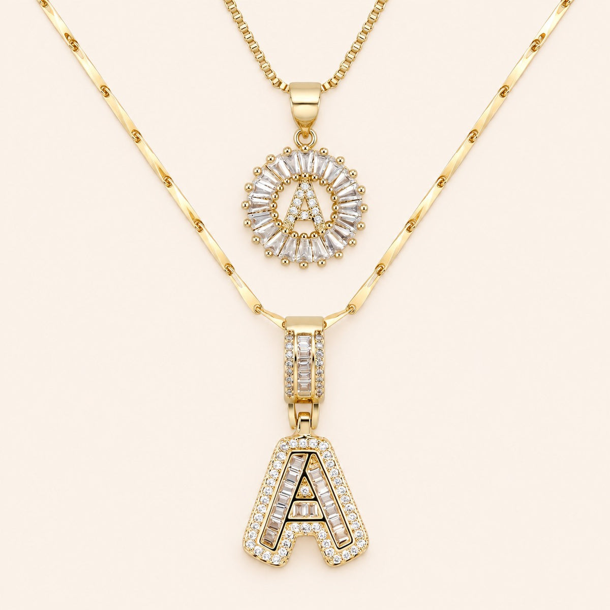 2pc 14k Diamond Letter Initial Necklaces, gold finish