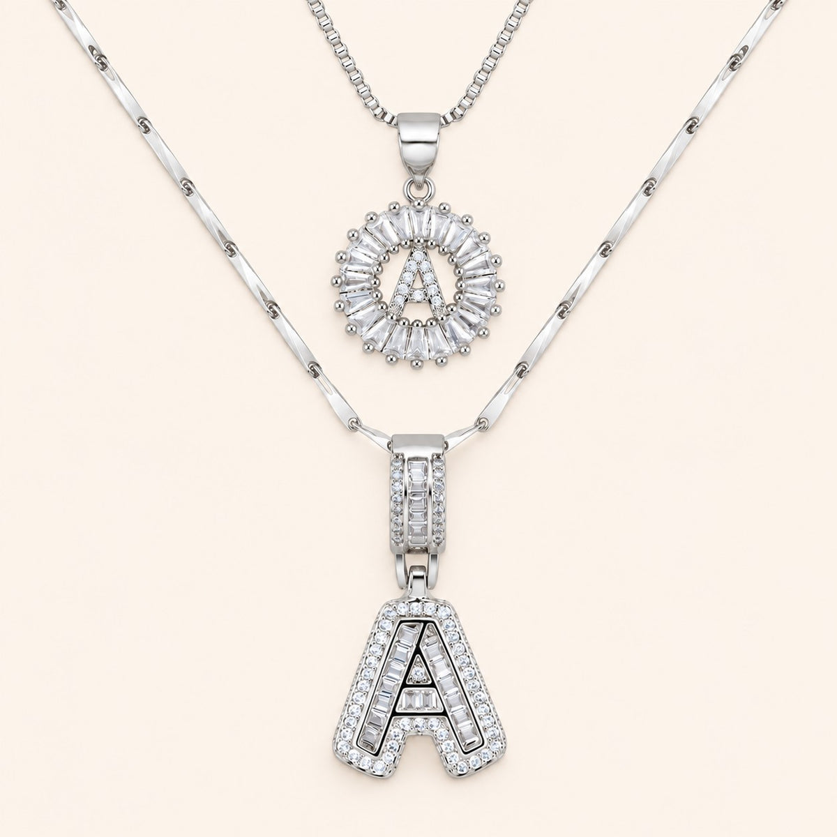 2pc 14k Diamond Letter Initial Necklaces, silver finish