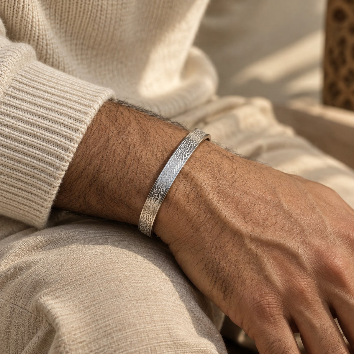 Man wearing the Ayatul Kursi Cuff | Men