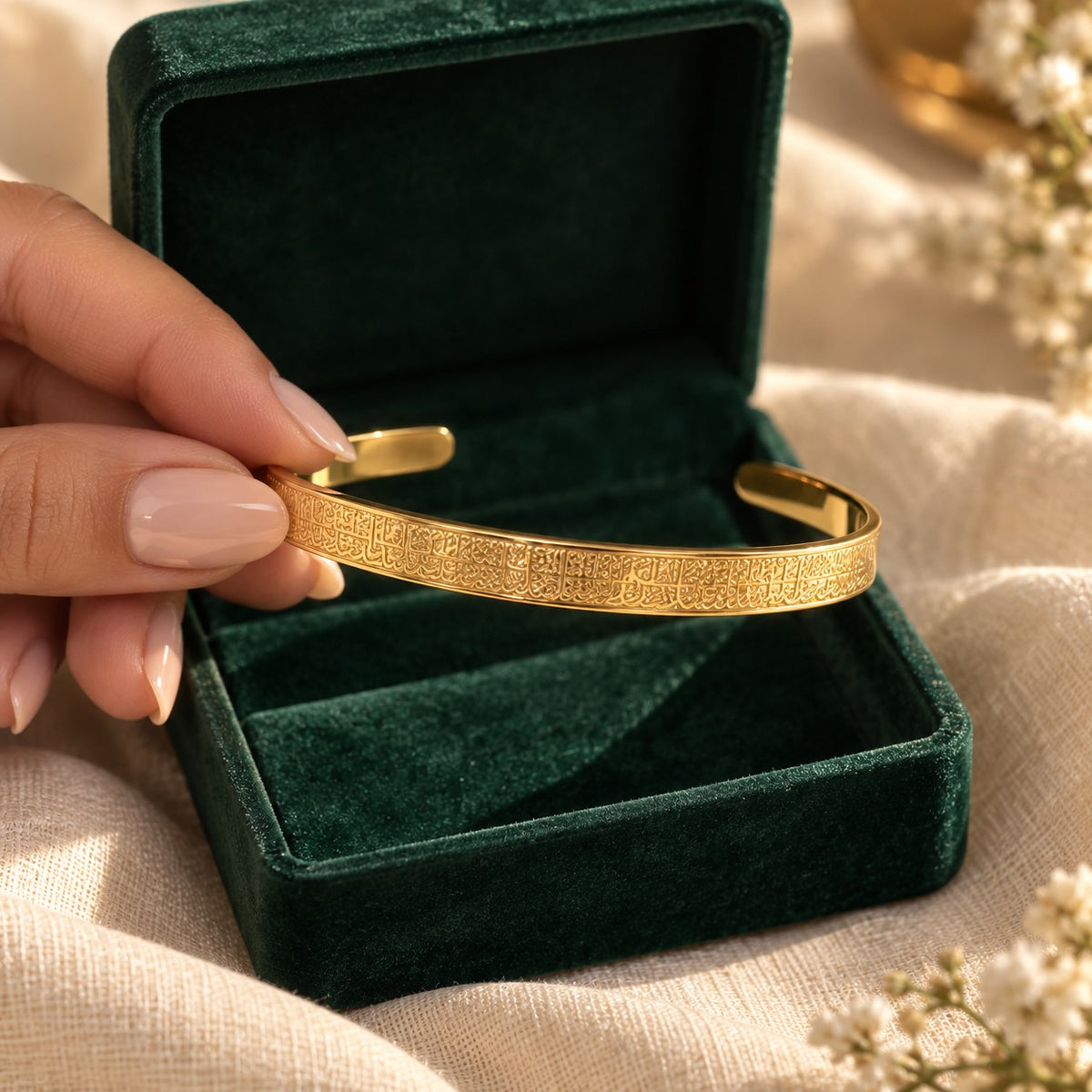 Ayatul Kursi Cuff | Women presented in an emerald velvet gift box