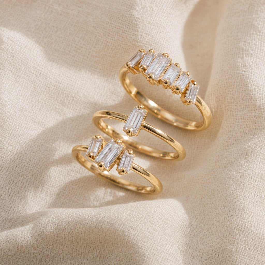Baguette Cluster Ring Set on cream linen