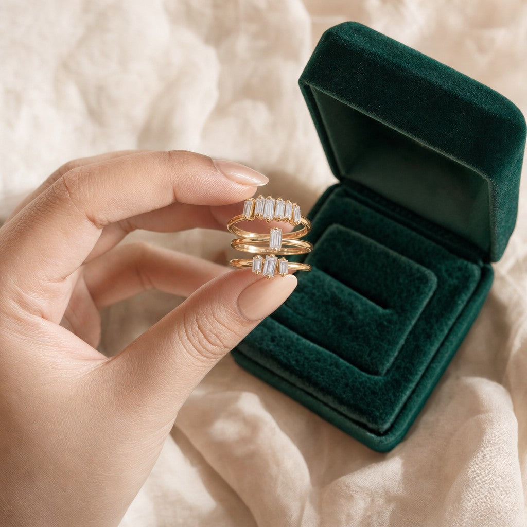Baguette Cluster Ring Set presented in an emerald velvet gift box