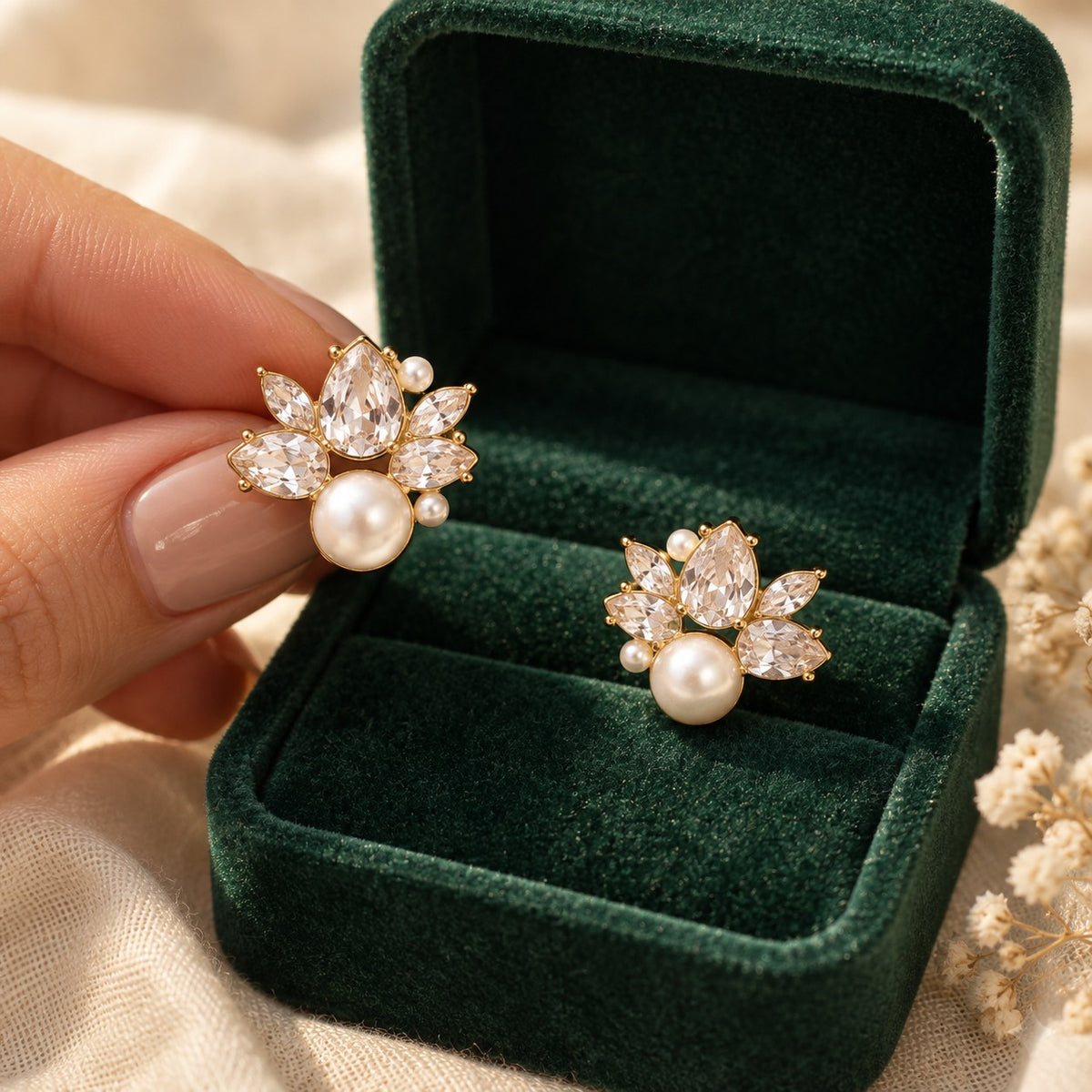 Jawahir Studs presented in an emerald velvet gift box