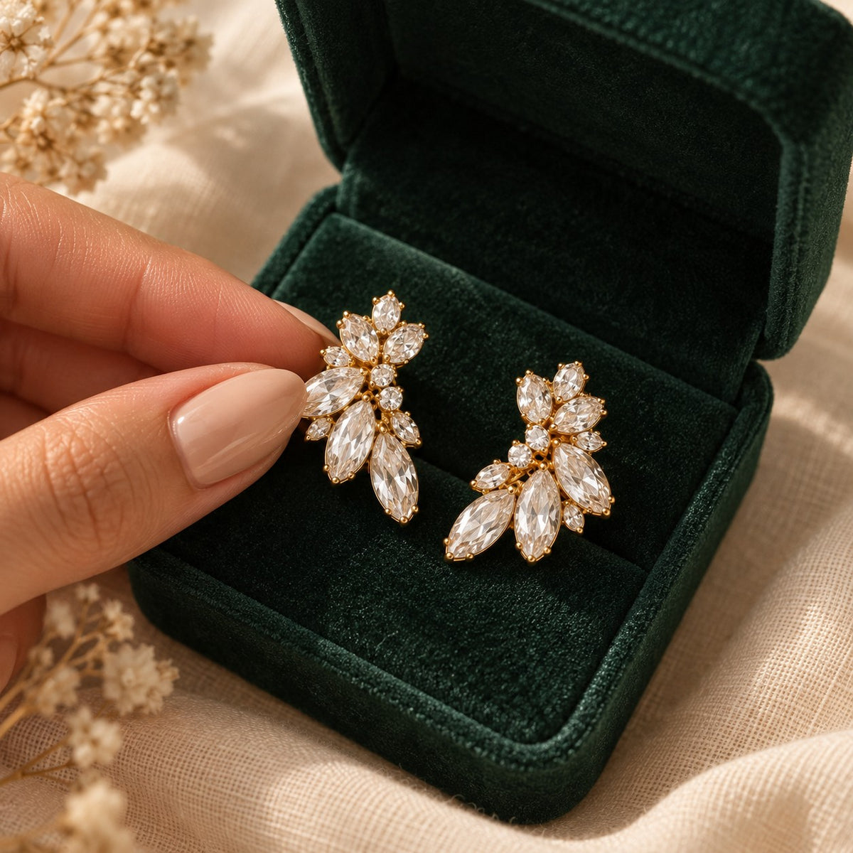 Porter Cluster Studs presented in an emerald velvet gift box