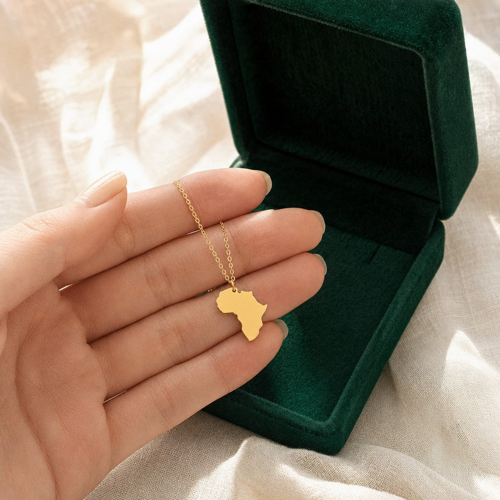 Country Map Necklace 18k presented in an emerald velvet gift box