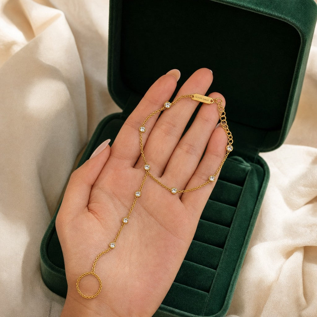 Crystal Hand Chain presented in an emerald velvet gift box