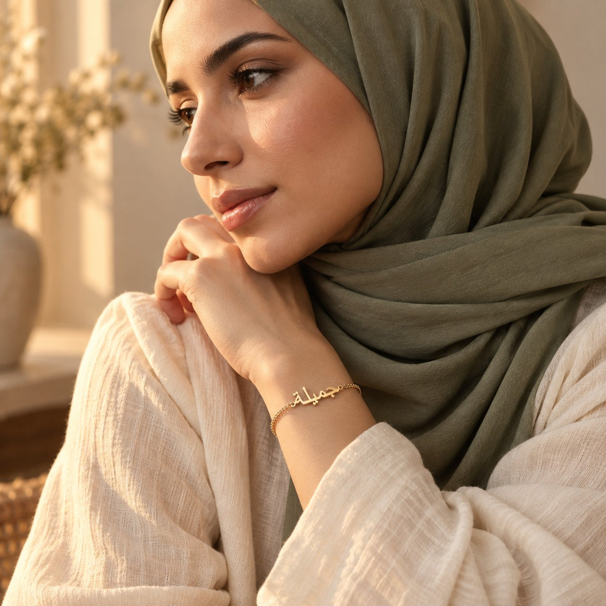 Editorial photo of the Custom Name Bracelet being worn