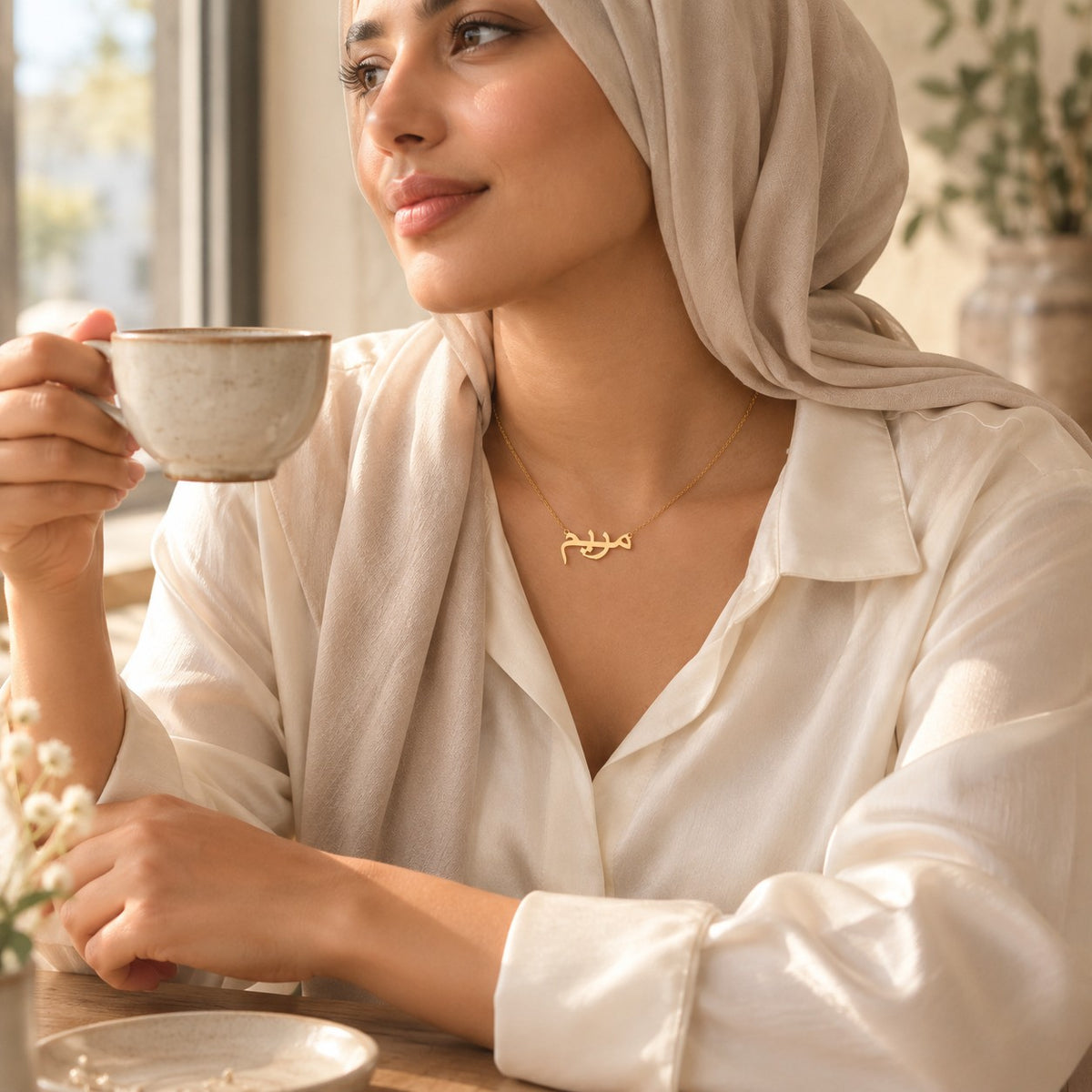 The Custom Name Necklace 18k worn in everyday life