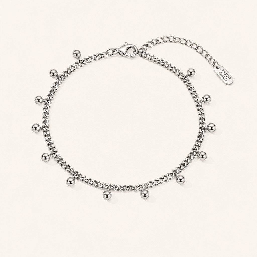 Dotted Curb Anklet, silver finish