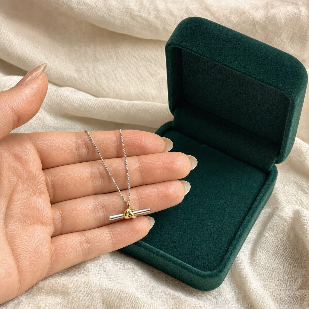 Duality Knot Necklace presented in an emerald velvet gift box