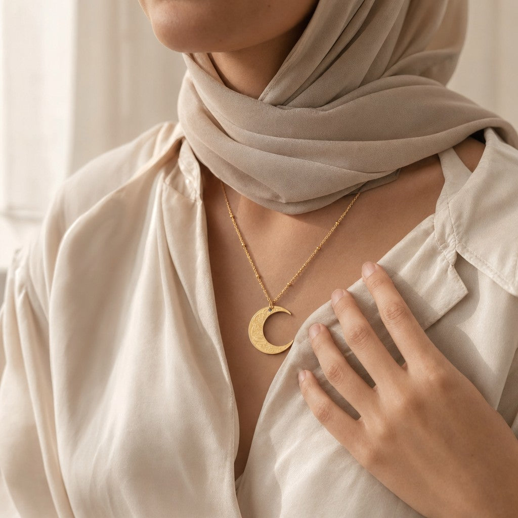 Woman wearing the Hardship & Ease Crescent Necklace